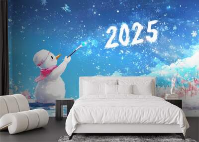 New Year greeting card with a cute snowman. Wall mural