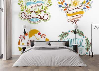 Light Creative Badges on 4 Seasons with Hand-drawn Leafy Ornament and Lettering Wall mural