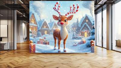 christmas reindeer with gift box Wall mural