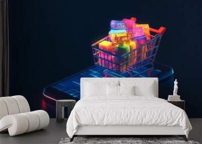 Digital Cart: A Futuristic Shopping Cart with Bright, Colorful Items, Representing Online Purchases Wall mural