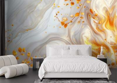 Abstract art background in white with gold art marble. Wall art for home decor and posters, organic shapes with foliage and blossoms painted in golden tones. Wall mural