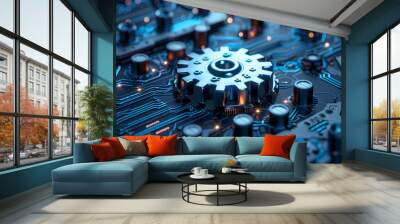 white gear wheel on circuit board illustration, digital communication idea, high-tech digital techno Wall mural