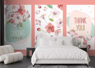 A set of cards with blooming cherry. Design template card for the hotel, beauty salon, spa, restaurant, club. Vector illustration of a spring bouquet of flowers. Wall mural