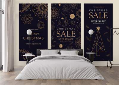 A set of greeting card with snowflakes and festive decor. Linear golden Christmas snowflake on a black background. New Year's design template. Vector flat. Vertical format Wall mural