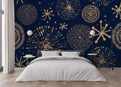 Abstract New Year pattern. Golden christmas snowflake on dark blue background. Seamless ornament for decor, wallpaper, gift paper and design of New Year's souvenirs Wall mural