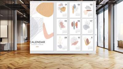 Calendar design concept with abstract natural elements. 2021 calendar template on a beauty themeSet of 12 months 2021 pages. Vector illustration Wall mural