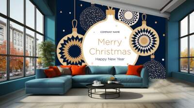 Christmas greeting banner or card. Golden Christmas balls on a dark blue background. New Year's design template with a window for text. Vector flat. Horizontal format Wall mural