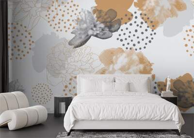 Modern floral pattern in a halftone style. Seamless vector ornament with flowers and geometric shapes. Peonies on a gray background Wall mural