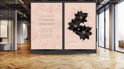 New Year invitation card for the party. Christmas celebration. Vector template for greeting card with text. Premium design, black flower poinsettia on a pink background Wall mural