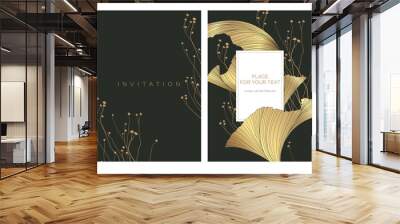 Wedding invitation template in luxury style. Abstract gold leaves and wildflower drawn on a dark gray background. Background for the invitation card, shop, beauty salon, spa.  Wall mural