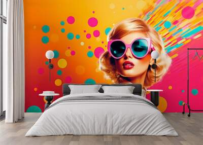 Fashion retro young woman on background with circle art Wall mural