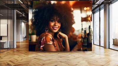 portrait beautiful afro black woman sitting in a bar Wall mural