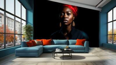 portrait black activist woman with red kerchief or bandana in her hair Wall mural