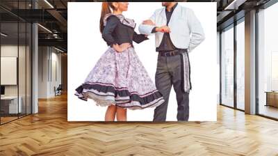 portrait young couple dressed as huaso looking at each other face to face ready to dance cueca in the square Wall mural