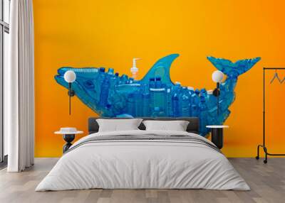 Whale made of plastic bottles. Pollution concept.  Wall mural