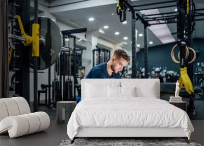 Redhead man practicing bodybuilding weights in gym. You are using a personal computer. Wall mural