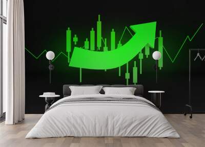 Green stock price chart showing upward business earnings on a black background.,3d rendering Wall mural