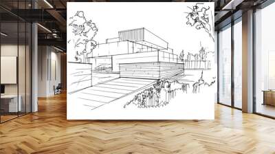 Line drawing, Modern house architecture drawing,2d illustration Wall mural