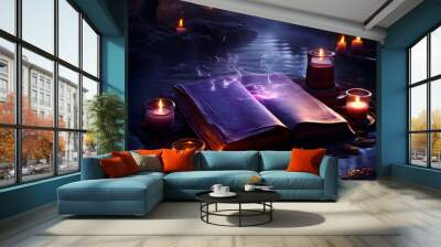 A old magic book on the water in the middle of a river. Magic opened old book on the with candles and purple smoke. Wall mural