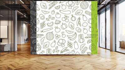 Food pattern. Seamless pattern of vegetables, fruits and berries in outline style, vector illustration. Collection Wall mural