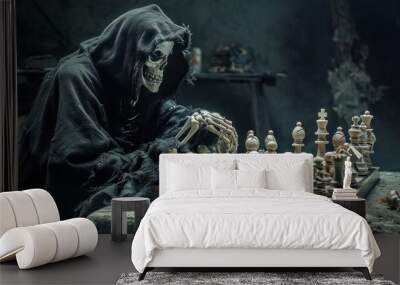 Grim Reaper Sitting and playing chess. Concept of death, memento mori. Wall mural