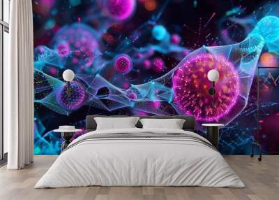 natural form of Volvox with modern visual effects, using vibrant neon colors and dynamic digital textures to represent the microscopic beauty in a futuristic style Wall mural