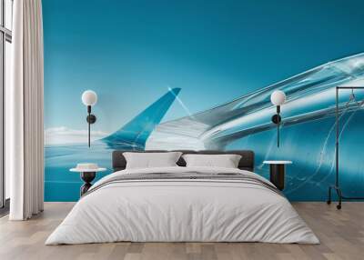 scandium in aerospace technology. The photograph features a sleek and futuristic aircraft wing made with scandium-enhanced materials, soaring against a clear blue sky.  Wall mural