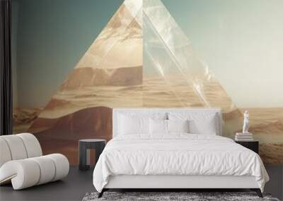 Triangular pyramid in the desert in the middle of the desert  against blue sky. Surreal desert landscape with a mirage of a crystal-clear oasis that deceives the viewer.  Wall mural