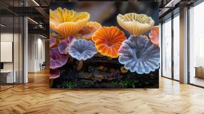 Vibrantly colored mushrooms grow on a decomposing log in a macro shot revealing intricate details Wall mural