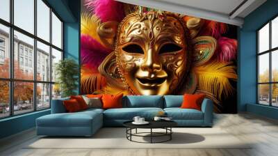 a golden mask with colorful feathers Wall mural