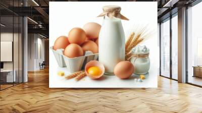 daily fresh milk and eggs on isolated white background Wall mural