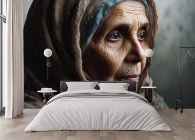 gray background,old woman with wrinkles on her face Wall mural