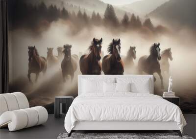 Wild horses running through fog and dust Wall mural