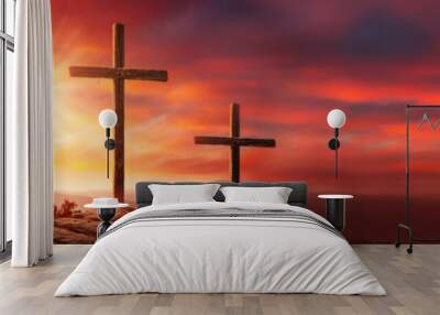 Crucifixion Of Jesus Christ At sunset Wall mural