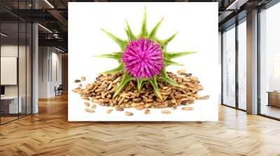 Seeds of a milk thistle with flowers. Wall mural