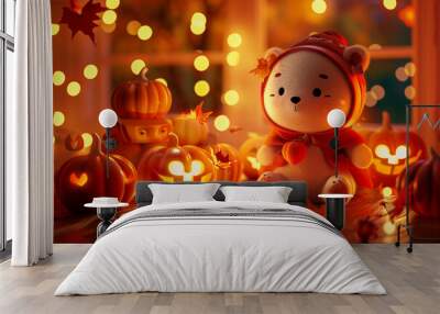 A cute Halloween display with a bear figurine wearing a hoodie with pumpkins and fall leaves. Orange sparkly October celebration display with copy space. Wall mural