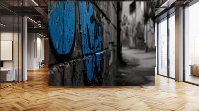 A monochrome image of a dilapidated urban narrow back alley with peeling blue graffiti. Wall mural