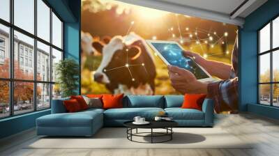 modern farm with technology concept background. young farmer use tablet in the cow farm Wall mural