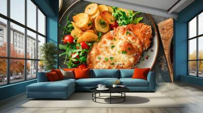 Parmesan Chicken with Melted Cheese, Served with Chips and Salad, Easy Dinner Recipe Wall mural