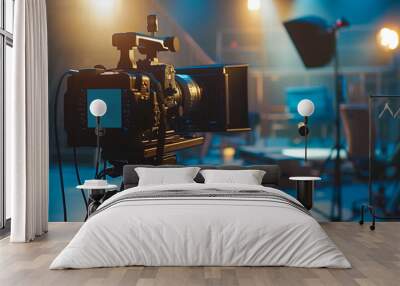 professional Camera film set on the tripod in the modern studio production background Wall mural