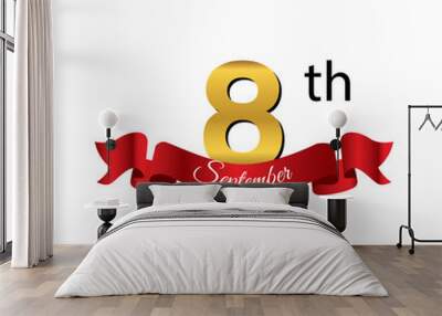 8 september golden calendar with red ribbon Wall mural