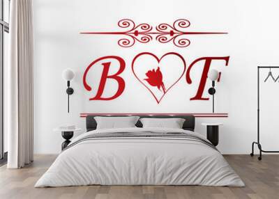 BF love initial with red heart and rose Wall mural