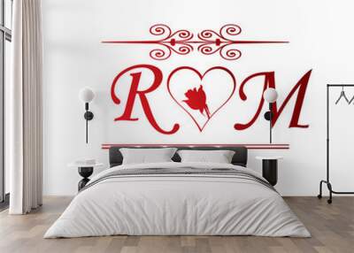 RM love initial with red heart and rose Wall mural