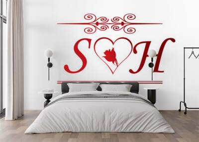 SH love initial with red heart and rose Wall mural