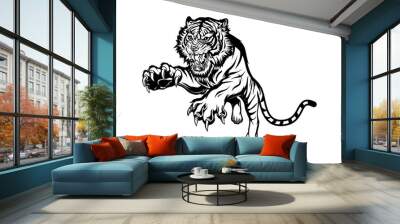 Jumping Tiger vector black white, logo, angry Wall mural