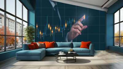 Business financial stock market concept. Businessman analyzing financial data stock market. Business finance stock bar chart Hologram. Business success and growth, economic growth graph. Wall mural