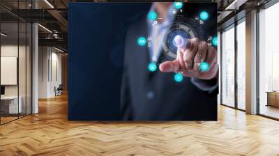 Businessman showing hologram, analyzing sales data and economic. Analysis strategy sale marketing economic data online network connection. Business finance and marketing digital technology concept. Wall mural