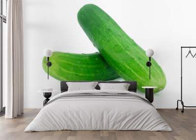 Close-up of Two whole fresh green cucumbers and slices isolated on white background. Wall mural