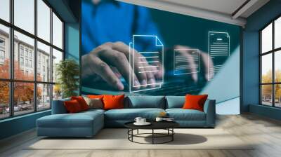 Digital data document management system (DMS), online documentation database, process automation to efficiently manage files, knowledge and documentation in enterprise. Corporate business technology. Wall mural