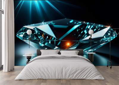 3D rendering of a black diamond on a black background with blue lights Wall mural